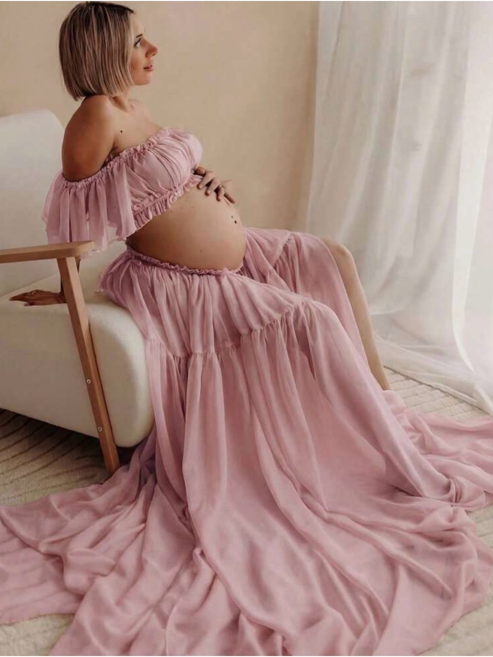 Blush Pink Maternity Off-Shoulder Two-Piece Gown